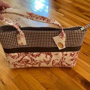 Talbots Brown/Ivory/Red Fabric tote with matching eye glass case